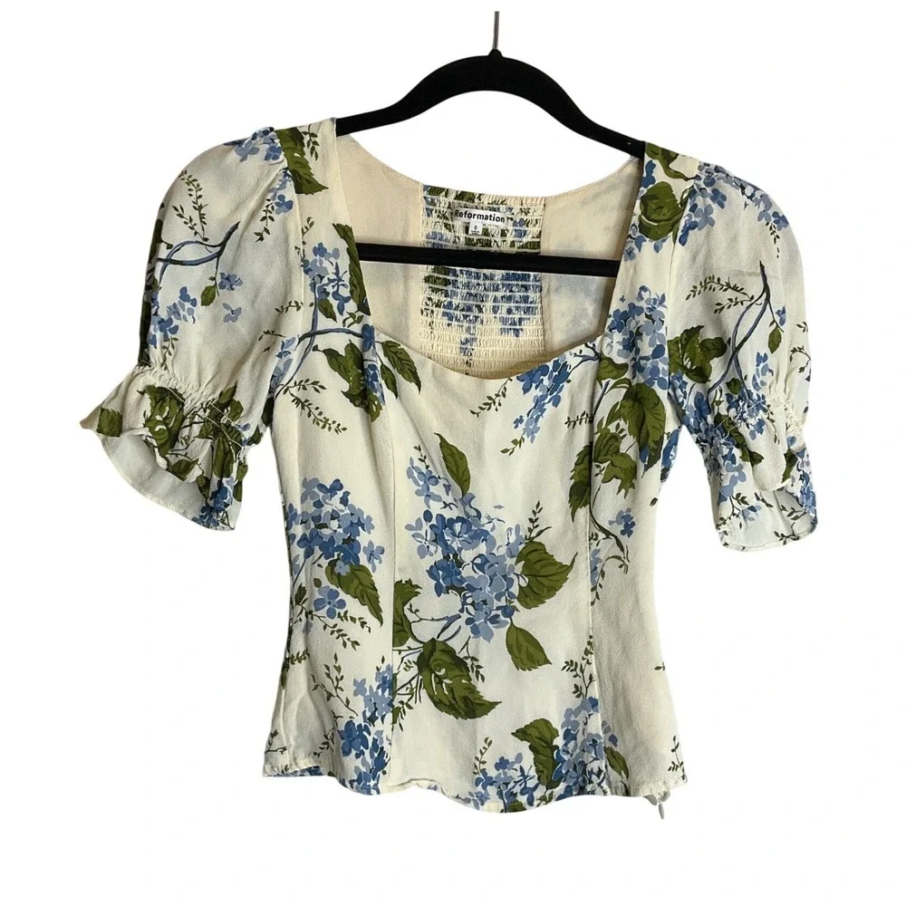 Reformation Constance‎ Floral Puff Sleeve Top Blouse Riviera Hydrangea Garden